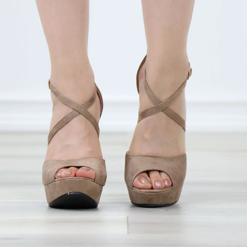 Tan Faux Suede Platform Open Toe High Heel Stiletto Sandal - Picture 9 of 11